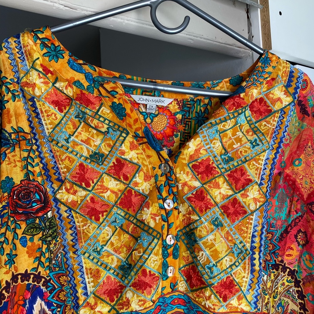 John Mark Vibrant Patchwork Blouse Embroidered Tu… - image 1